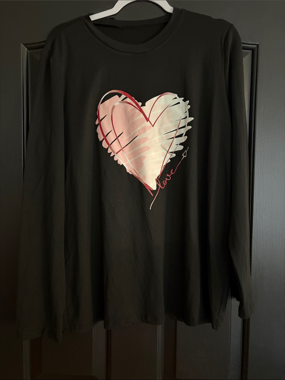 Women’s Black Long-Sleeve Tee with Pink Heart Graphic